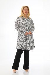 Kadın Büyük Beden Çizgili Desenli Katlamalı Kollu Viskon Tunik Gömlek - 7
