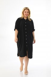 Kadın Büyük Beden Düğmeli Diz Boyu Midi Kısa Kollu Gömlek Elbise - 1