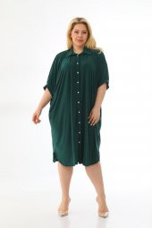 Kadın Büyük Beden Düğmeli Diz Boyu Midi Kısa Kollu Gömlek Elbise - 3