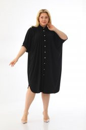 Kadın Büyük Beden Düğmeli Diz Boyu Midi Kısa Kollu Gömlek Elbise - 4