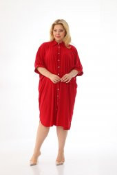 Kadın Büyük Beden Düğmeli Diz Boyu Midi Kısa Kollu Gömlek Elbise - 5