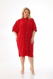Kadın Büyük Beden Düğmeli Diz Boyu Midi Kısa Kollu Gömlek Elbise - 6