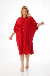 Kadın Büyük Beden Düğmeli Diz Boyu Midi Kısa Kollu Gömlek Elbise - 7