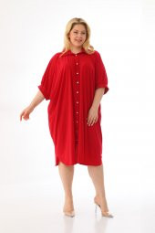 Kadın Büyük Beden Düğmeli Diz Boyu Midi Kısa Kollu Gömlek Elbise - 8