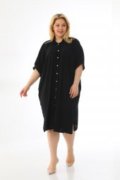 Kadın Büyük Beden Düğmeli Diz Boyu Midi Kısa Kollu Gömlek Elbise - 10