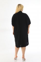 Kadın Büyük Beden Düğmeli Diz Boyu Midi Kısa Kollu Gömlek Elbise - 11