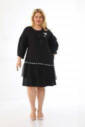 Kadın Büyük Beden Taşlı Payetli File Detaylı Balon Kol Sweat Elbise - 1