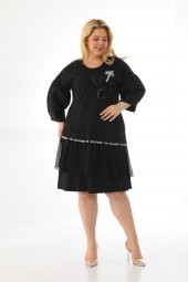 Kadın Büyük Beden Taşlı Payetli File Detaylı Balon Kol Sweat Elbise - 3