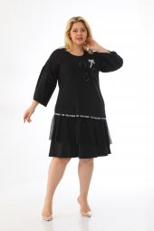 Kadın Büyük Beden Taşlı Payetli File Detaylı Balon Kol Sweat Elbise - 4