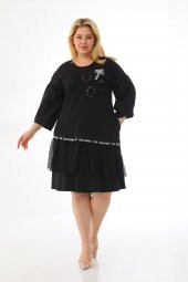 Kadın Büyük Beden Taşlı Payetli File Detaylı Balon Kol Sweat Elbise - 5