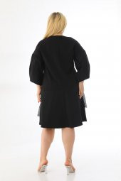 Kadın Büyük Beden Taşlı Payetli File Detaylı Balon Kol Sweat Elbise - 6