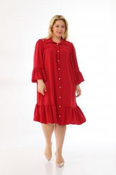 Kadın Büyük Beden Volanlı Düğmeli Diz Boyu Midi Gömlek Elbise - 1