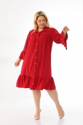 Kadın Büyük Beden Volanlı Düğmeli Diz Boyu Midi Gömlek Elbise - 2