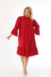 Kadın Büyük Beden Volanlı Düğmeli Diz Boyu Midi Gömlek Elbise - 4