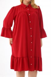 Kadın Büyük Beden Volanlı Düğmeli Diz Boyu Midi Gömlek Elbise - 5
