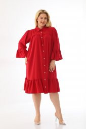 Kadın Büyük Beden Volanlı Düğmeli Diz Boyu Midi Gömlek Elbise - 6