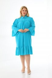 Kadın Büyük Beden Volanlı Düğmeli Diz Boyu Midi Gömlek Elbise - 9