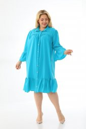 Kadın Büyük Beden Volanlı Düğmeli Diz Boyu Midi Gömlek Elbise - 10