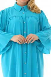 Kadın Büyük Beden Volanlı Düğmeli Diz Boyu Midi Gömlek Elbise - 11