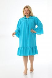 Kadın Büyük Beden Volanlı Düğmeli Diz Boyu Midi Gömlek Elbise - 12