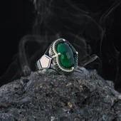 Yeni Tasarım Yeşil Taşlı Motifli Gümüş Erkek Yüzük - 2