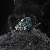 Yeşil Zirkon Taşlı İşlemeli Gümüş Erkek Yüzük - 2