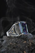 Mistik Topaz ve Zirkon Taşlı Motifli Gümüş Erkek Yüzük - 3