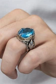 Yeni Tasarım Aqua ve Firuze Taşlı İşlemeli Gümüş Erkek Yüzük - 4