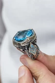 Yeni Tasarım Aqua ve Firuze Taşlı İşlemeli Gümüş Erkek Yüzük - 10