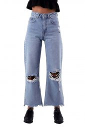 Paçası Püsküllü ve Geniş Paçalı Yüksek Belli Yırtıklı Rahat Kot Kadın Pantolon Dört Mevsim Denim - 1