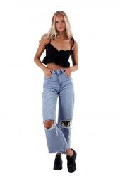 Paçası Püsküllü ve Geniş Paçalı Yüksek Belli Yırtıklı Rahat Kot Kadın Pantolon Dört Mevsim Denim - 5