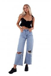 Paçası Püsküllü ve Geniş Paçalı Yüksek Belli Yırtıklı Rahat Kot Kadın Pantolon Dört Mevsim Denim - 6