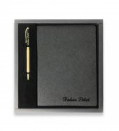 Kişiye Özel Siyah VIP Hediyelik Set - 15x21 Yaldız Kenar Not Defteri - Metal Roller Kalem HK2064 - 1