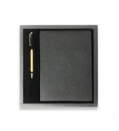 Siyah VIP Hediyelik Set - 15x21 Yaldız Kenar Not Defteri - Metal Roller Kalem HK2063 - 1
