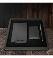 Kişiye Özel Siyah VIP Hediyelik Set - 9x14 Not Defteri - Touch Pen Tükenmez Kalem - Kartvizitlik HK2062 - 1