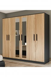 Metalia Gm 088  6 Kapılı Aynalı  Sonomo - Antrasit Gri  Siyah Kulplu Gardırop - 1