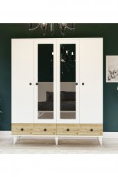 Metalia Gm 417 4 Kapılı 2 Çekmeceli Düğme Kulplu  Aynalı Beyaz-Atlantik Çam Gardırop - 1