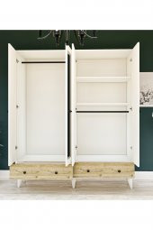 Metalia Gm 417 4 Kapılı 2 Çekmeceli Düğme Kulplu  Aynalı Beyaz-Atlantik Çam Gardırop - 4