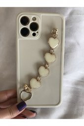Iphone 13 Pro Max Krem Arkası Kalpli Zincirli Telefon Kılıfı - 1