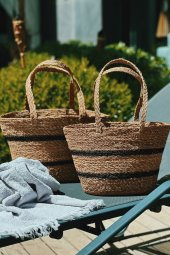 Orta Boy 100 Natural Bodrum Siyah Hasır Şeritli Plaj ve Pazar Çantası - 2