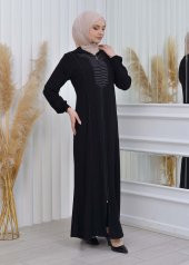 moda mix Elmas Lazer Paskılı Kapüşonlu Lastikli Kollu Fermualı Yazlık Ferace 608 - 4