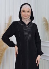 moda mix Elmas Lazer Paskılı Kapüşonlu Lastikli Kollu Fermualı Yazlık Ferace 608 - 6