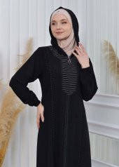 moda mix Elmas Lazer Paskılı Kapüşonlu Lastikli Kollu Fermualı Yazlık Ferace 608 - 7