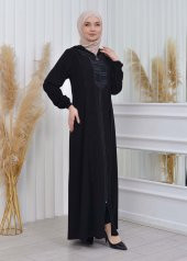 moda mix Elmas Lazer Paskılı Kapüşonlu Lastikli Kollu Fermualı Yazlık Ferace 608 - 10