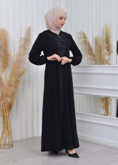 moda mix Elmas Lazer Paskılı Kapüşonlu Lastikli Kollu Fermualı Yazlık Ferace 608 - 11