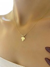 Dorika Sade Zarif Şık Çınar Yaprağı Altın Kolye 14 Ayar - 1