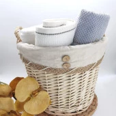 Düğme Detaylı Kulplu El Yapımı Dekoratif Çok Amaçlı 38 Cm Hasır Sepet Natural - 1