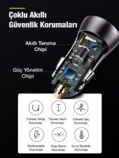 Baseus Super Şarj 60W Type-C+USB Çıkışlı Araç Çakmaklık Şarjı Akıllı Güvenlik Korumalı Led Işıklı Şarj - 6