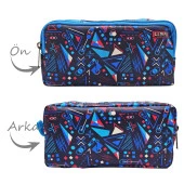 Kalem Kutusu Mavi Geometrik Kalemkutu Vegan Deri İki Bölmeli Kalemlik thumbnail 2