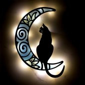 Veraart Epoksili Ahşap Aydaki Kedi Figürlü Duvar Dekorlu  Gece Lambası Mavi Yeşil  40 cm - 1